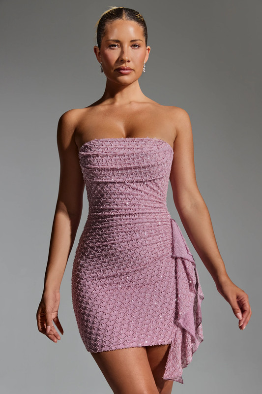 Embellished Ruffled Cowl-Neck Bandeau Mini Dress in Mauve - UK Size:10